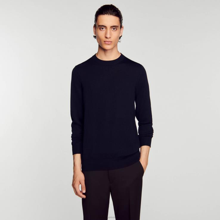 muži Sandro Paris námornícka modrá pletený merino sveter odev 428TH670