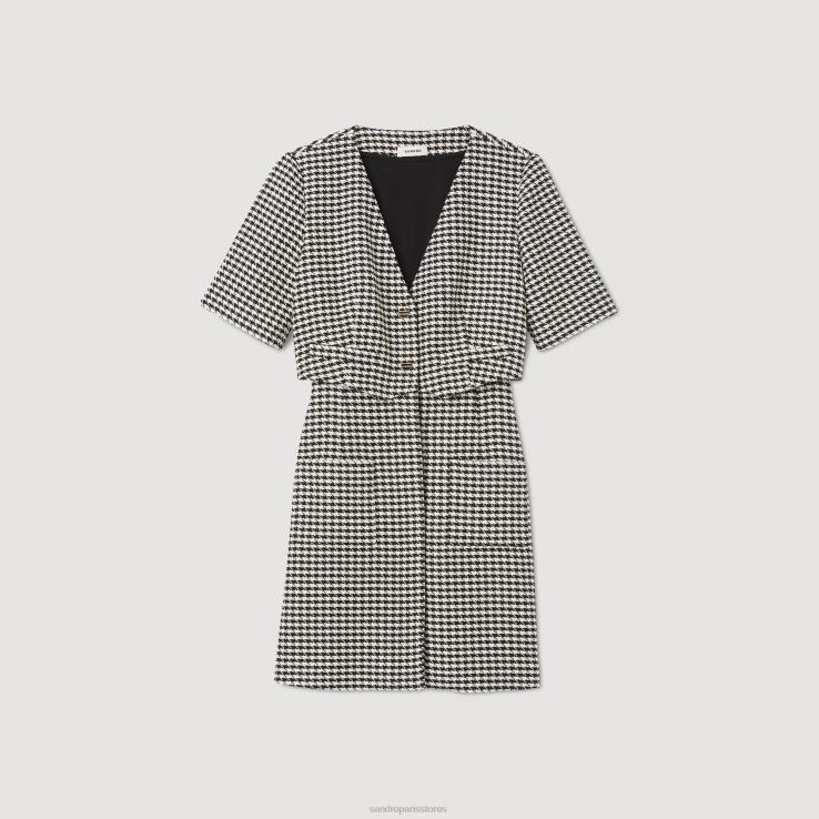 ženy Sandro Paris čierna biela krátke tvídové šaty z houndstooth odev 428TH52