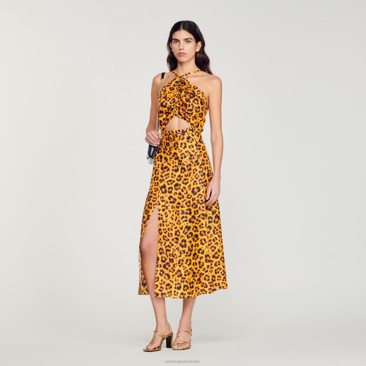ženy Sandro Paris oranžová/čierna dlhé šaty s leopardím vzorom odev 428TH309