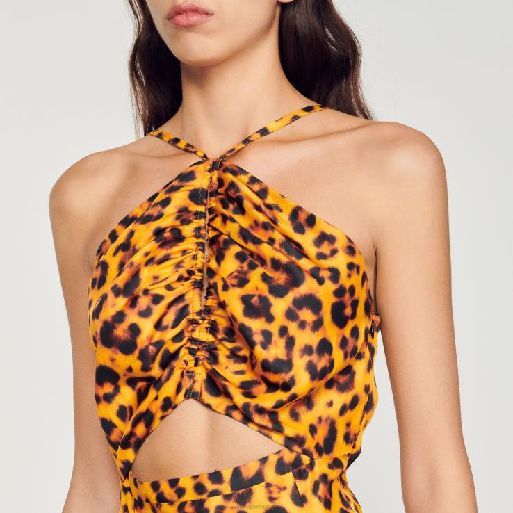 ženy Sandro Paris oranžová/čierna dlhé šaty s leopardím vzorom odev 428TH309