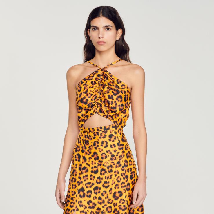 ženy Sandro Paris oranžová/čierna dlhé šaty s leopardím vzorom odev 428TH309
