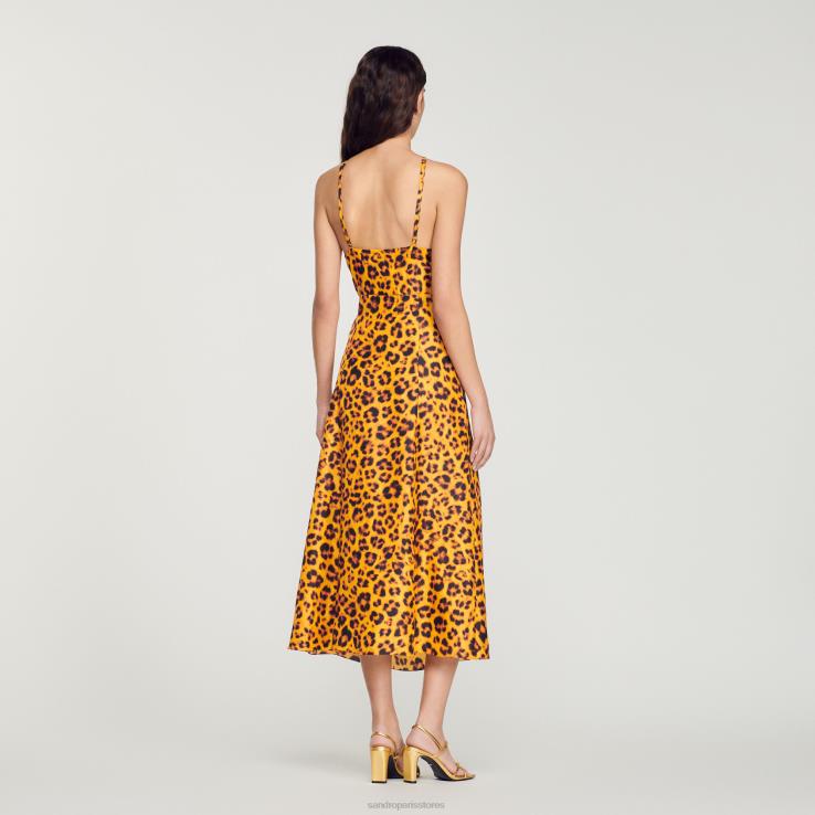 ženy Sandro Paris oranžová/čierna dlhé šaty s leopardím vzorom odev 428TH309