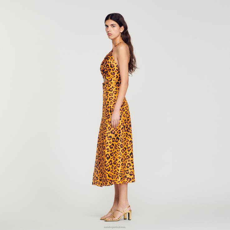 ženy Sandro Paris oranžová/čierna dlhé šaty s leopardím vzorom odev 428TH309