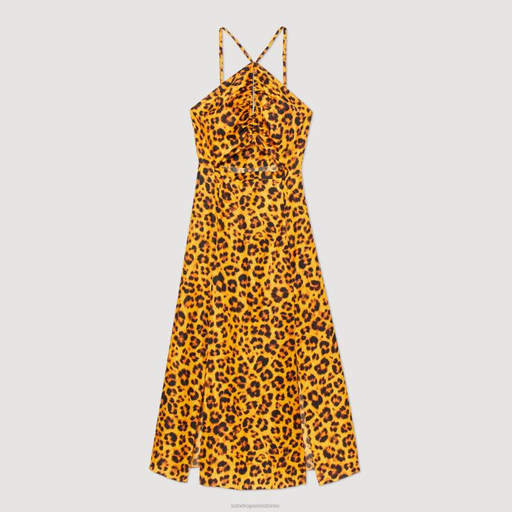 ženy Sandro Paris oranžová/čierna dlhé šaty s leopardím vzorom odev 428TH309