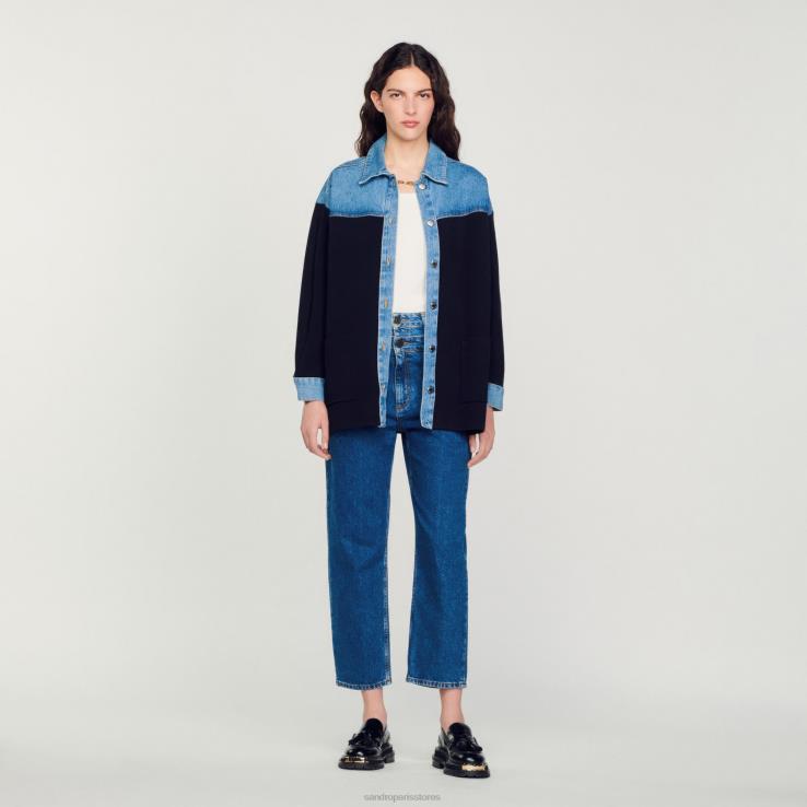 ženy Sandro Paris hlboké námorníctvo dvojitý materiál bundy v štýle cardi-coat odev 428TH193