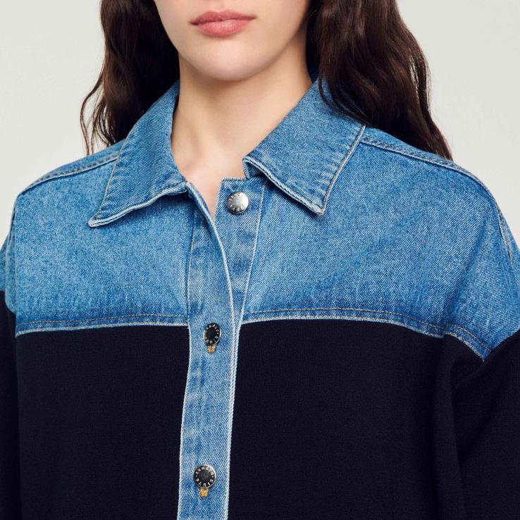 ženy Sandro Paris hlboké námorníctvo dvojitý materiál bundy v štýle cardi-coat odev 428TH193