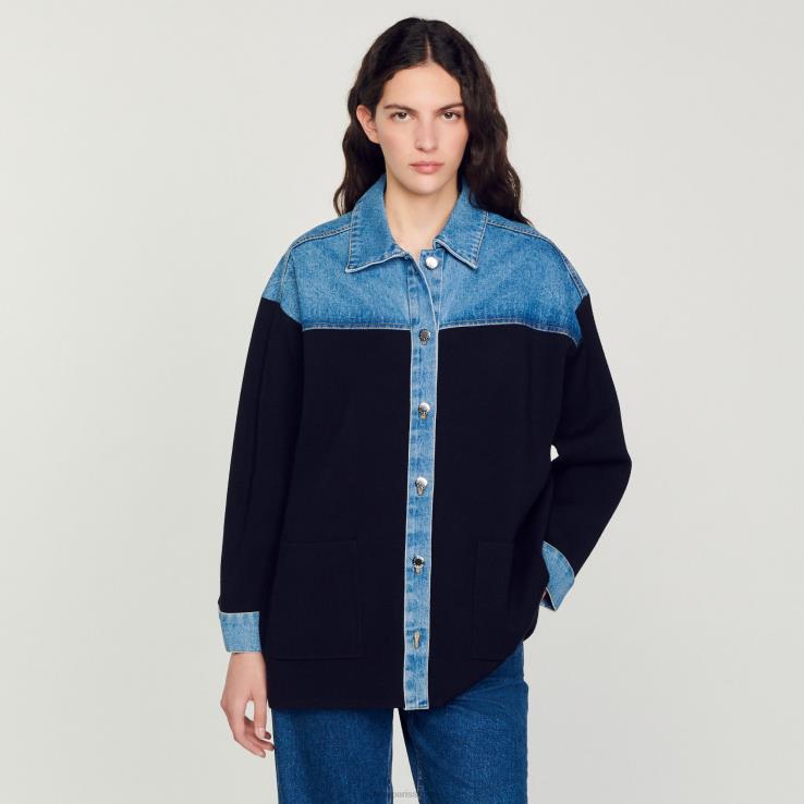 ženy Sandro Paris hlboké námorníctvo dvojitý materiál bundy v štýle cardi-coat odev 428TH193