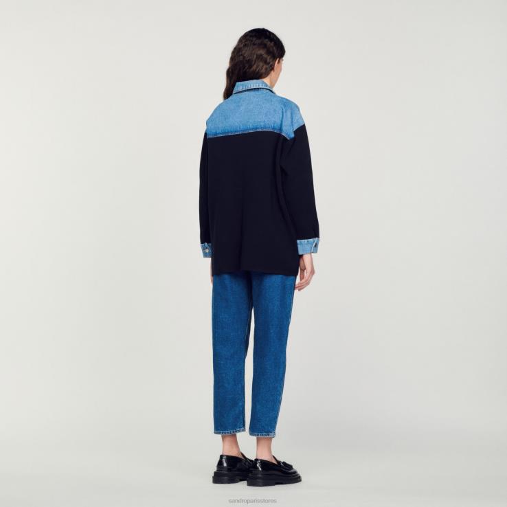 ženy Sandro Paris hlboké námorníctvo dvojitý materiál bundy v štýle cardi-coat odev 428TH193