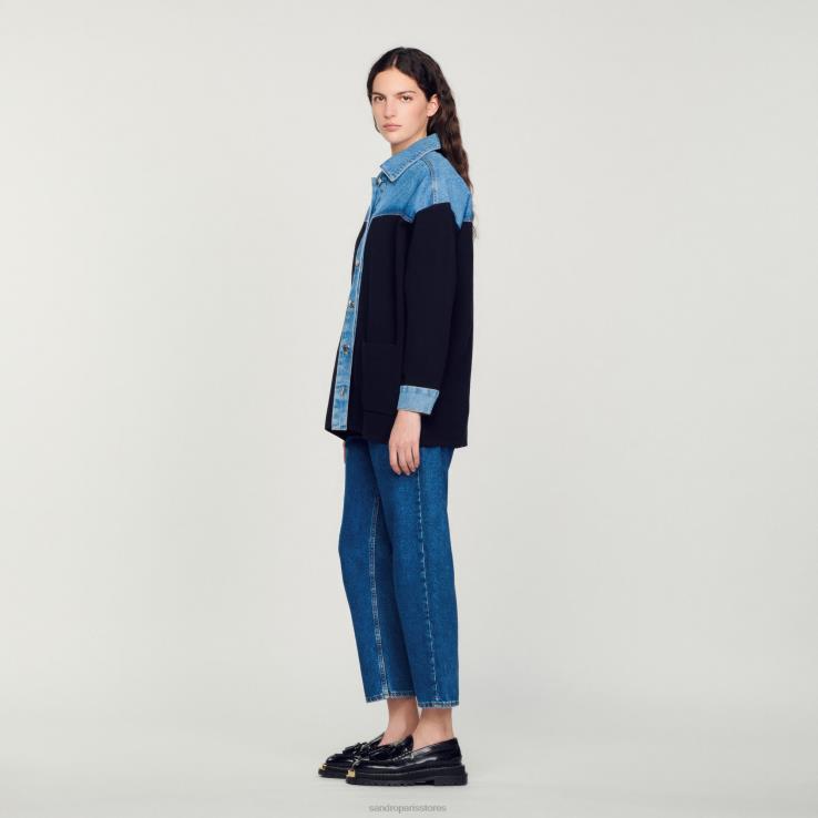 ženy Sandro Paris hlboké námorníctvo dvojitý materiál bundy v štýle cardi-coat odev 428TH193