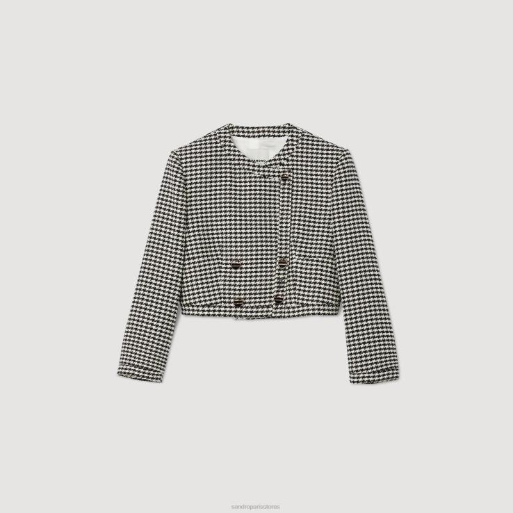 ženy Sandro Paris čierna biela skrátená bunda houndstooth odev 428TH25