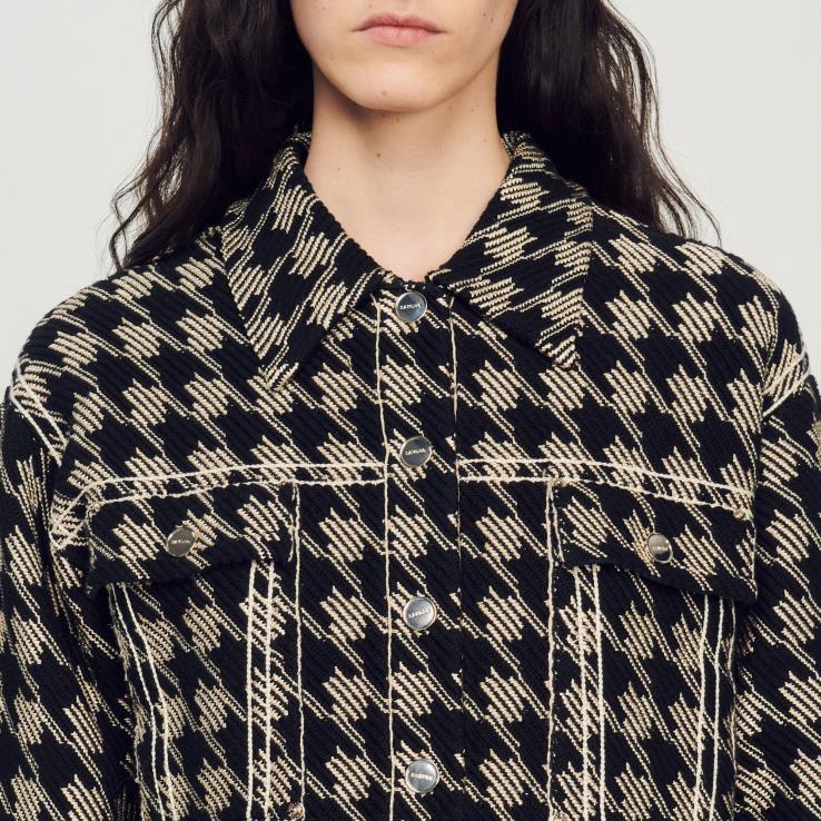 ženy Sandro Paris čierna bunda houndstooth odev 428TH219