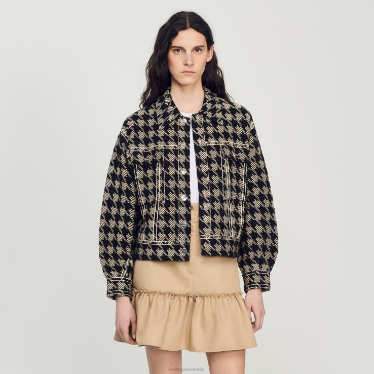 ženy Sandro Paris čierna bunda houndstooth odev 428TH219