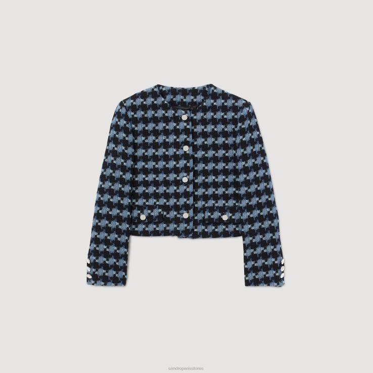 ženy Sandro Paris modrá/čierna skrátená tvídová bunda houndstooth odev 428TH37