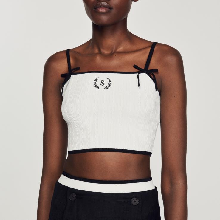 ženy Sandro Paris biely pletený crop top odev 428TH240