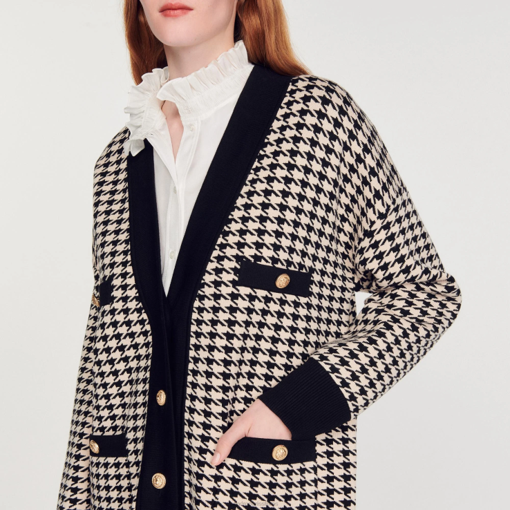 ženy Sandro Paris ecru/čierna dlhý houndstooth kabátik odev 428TH191