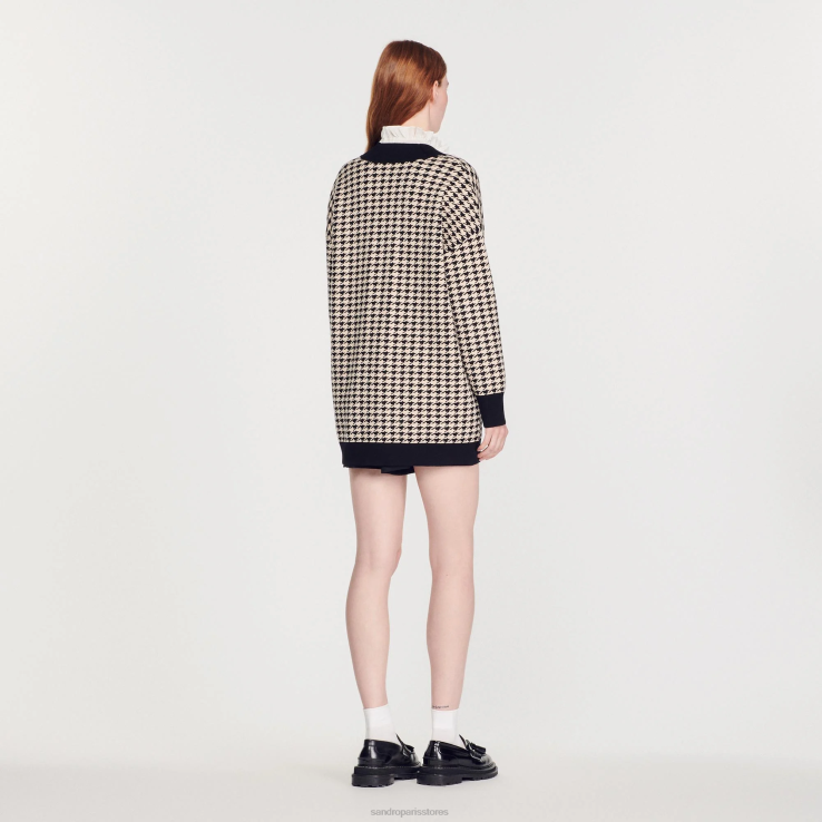 ženy Sandro Paris ecru/čierna dlhý houndstooth kabátik odev 428TH191