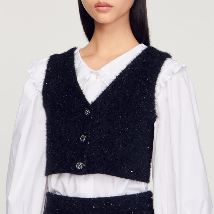 ženy Sandro Paris čierna tvídový crop top odev 428TH344