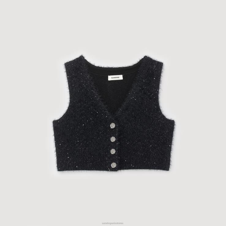 ženy Sandro Paris čierna tvídový crop top odev 428TH344