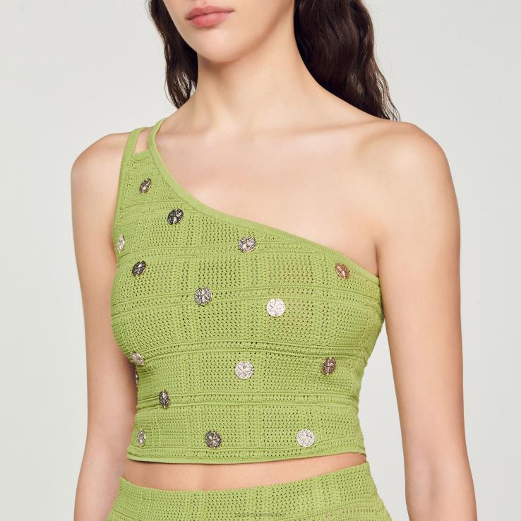 ženy Sandro Paris olivovo zelená pletený crop top odev 428TH153