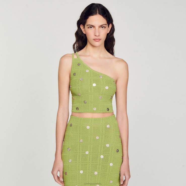 ženy Sandro Paris olivovo zelená pletený crop top odev 428TH153