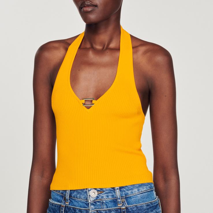 ženy Sandro Paris oranžová pletený crop top s detailom prsteňa odev 428TH326