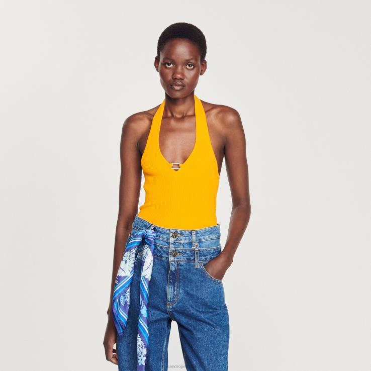 ženy Sandro Paris oranžová pletený crop top s detailom prsteňa odev 428TH326