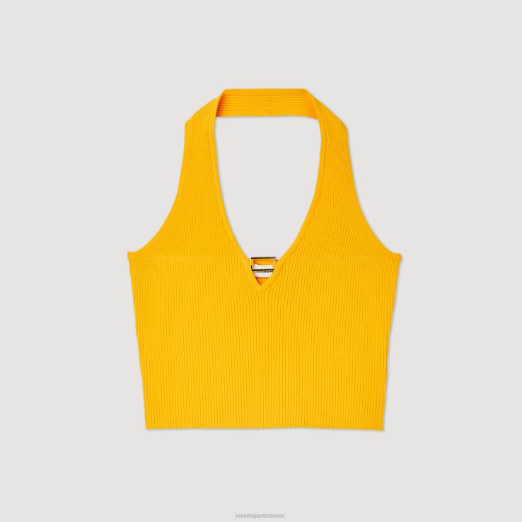 ženy Sandro Paris oranžová pletený crop top s detailom prsteňa odev 428TH326