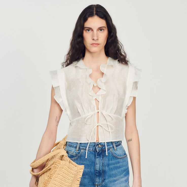 ženy Sandro Paris biely crop top odev 428TH102