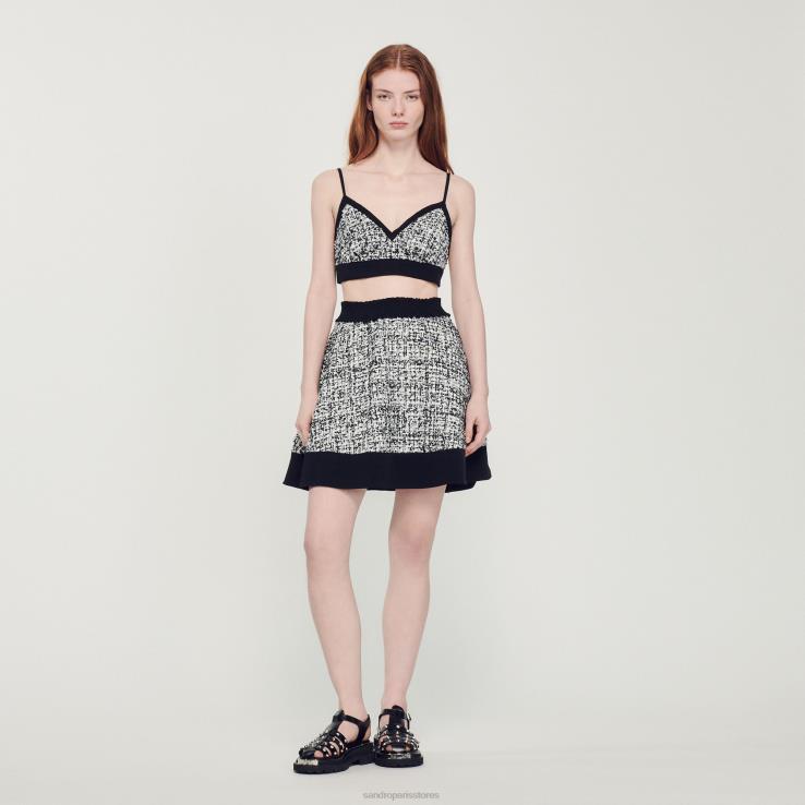 ženy Sandro Paris čierna dvojfarebný tvídový crop top odev 428TH319