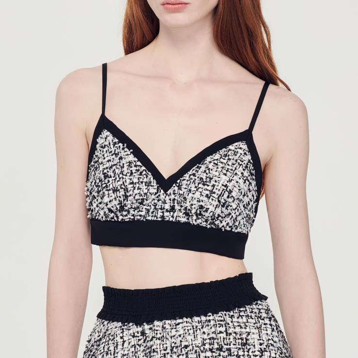 ženy Sandro Paris čierna dvojfarebný tvídový crop top odev 428TH319