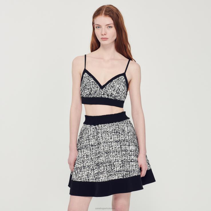 ženy Sandro Paris čierna dvojfarebný tvídový crop top odev 428TH319