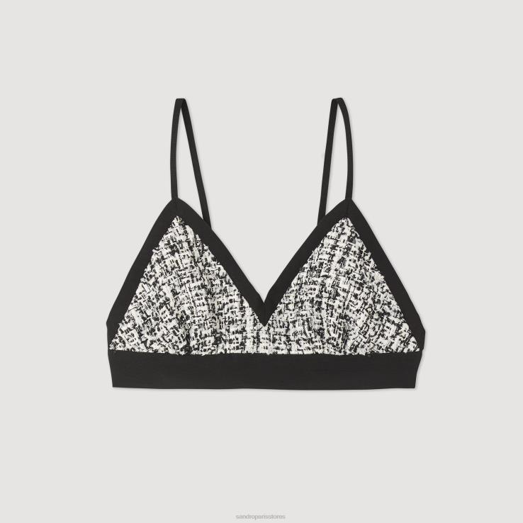 ženy Sandro Paris čierna dvojfarebný tvídový crop top odev 428TH319