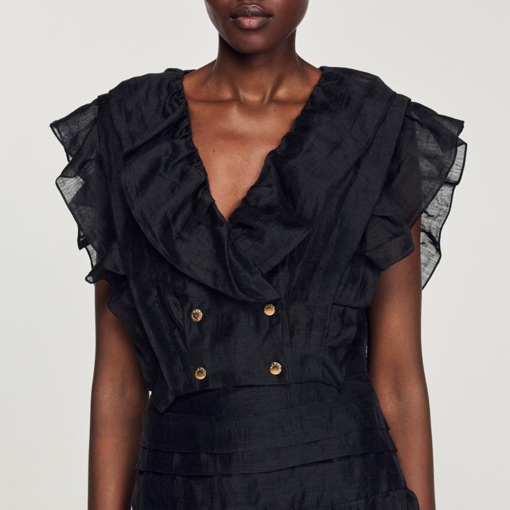 ženy Sandro Paris čierna volánikový crop top odev 428TH131