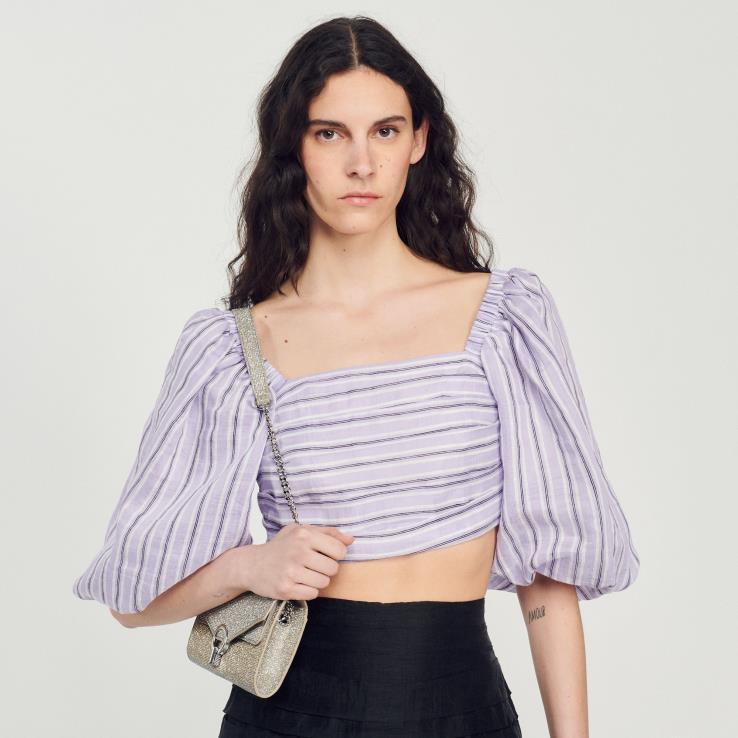 ženy Sandro Paris lila/čierna pruhovaný crop top odev 428TH458