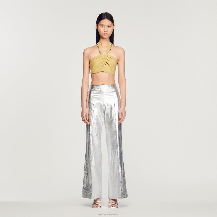 ženy Sandro Paris limetková zelená crop top zdobený kamienkami odev 428TH367