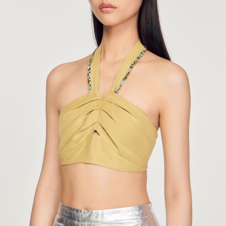 ženy Sandro Paris limetková zelená crop top zdobený kamienkami odev 428TH367