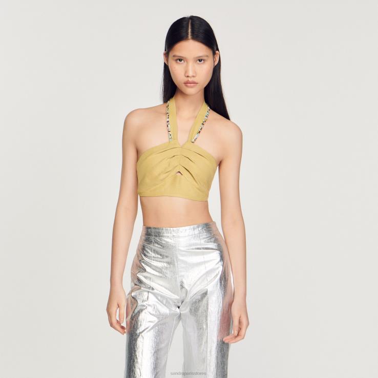 ženy Sandro Paris limetková zelená crop top zdobený kamienkami odev 428TH367