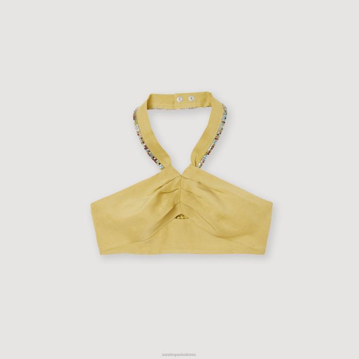 ženy Sandro Paris limetková zelená crop top zdobený kamienkami odev 428TH367